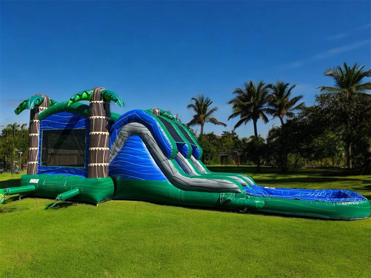 4-in-1 double lane inflatable water slide combo on green grass